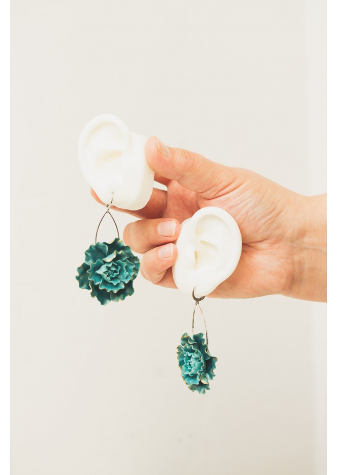 Curly Teal Flower Earrings