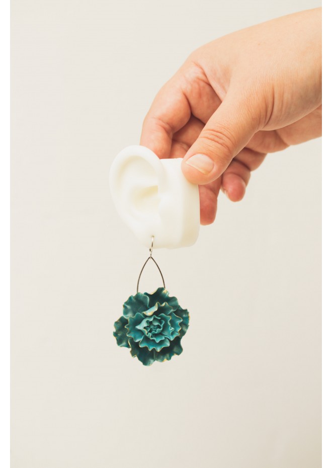 Curly Teal Flower Earrings