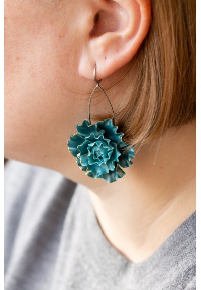 Curly Teal Flower Earrings – Lightweight Handmade Jewelry