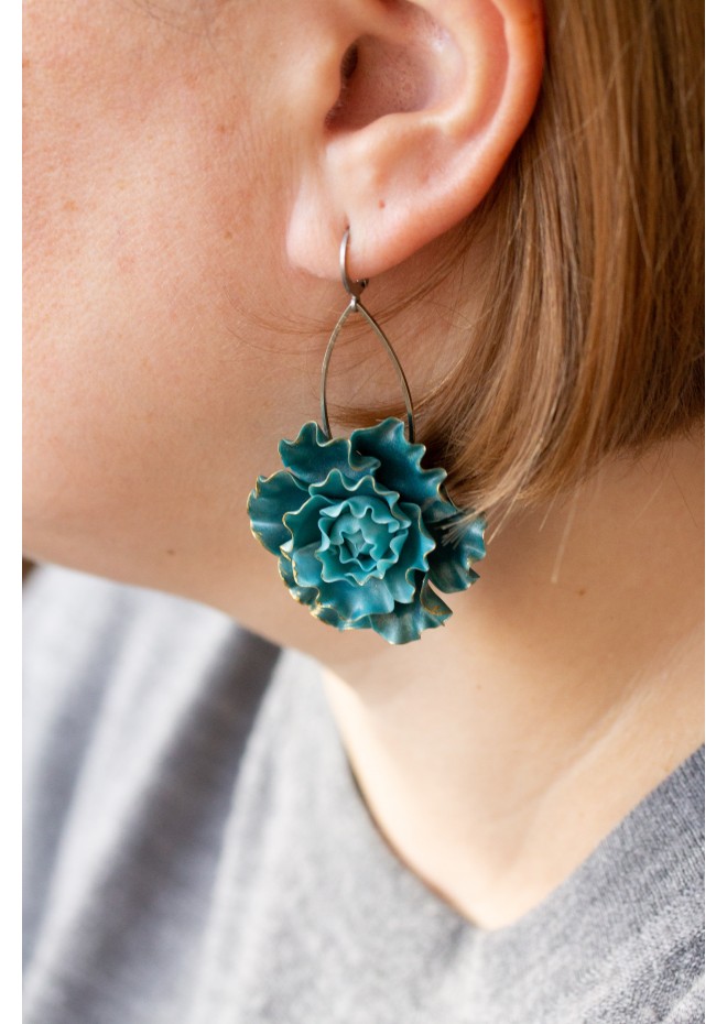 Curly Teal Flower Earrings