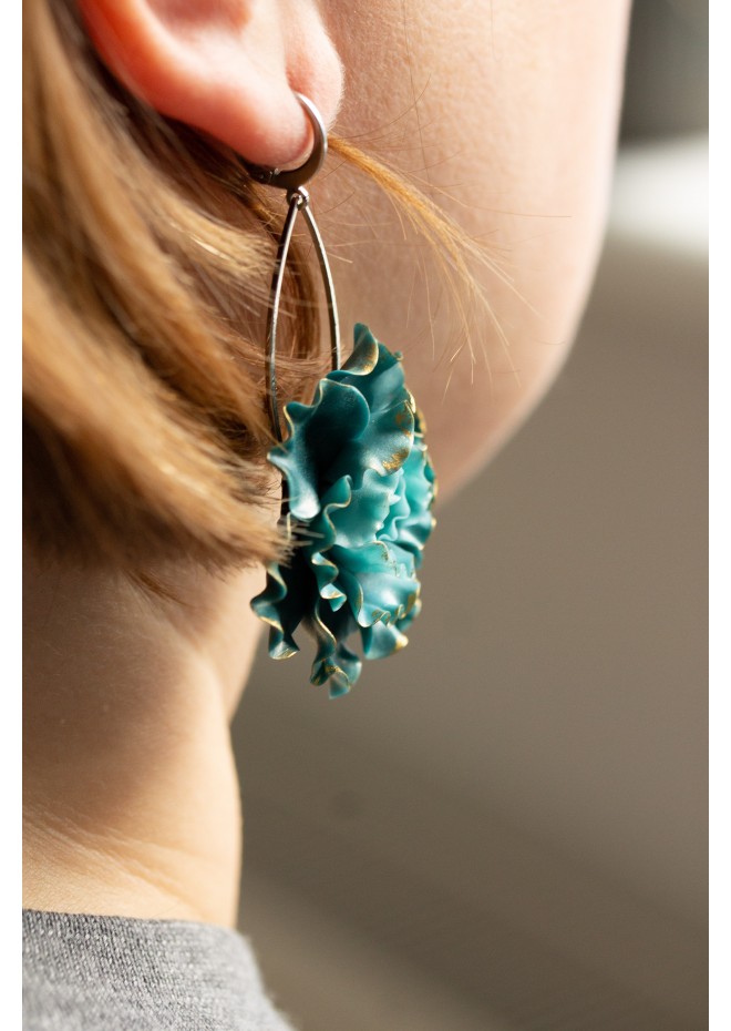 Curly Teal Flower Earrings
