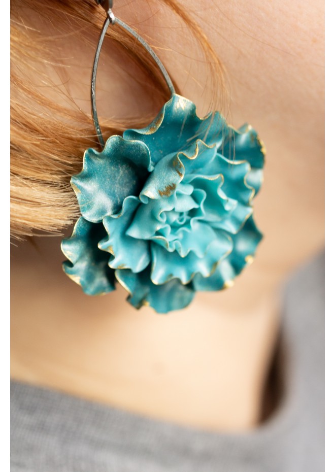 Curly Teal Flower Earrings