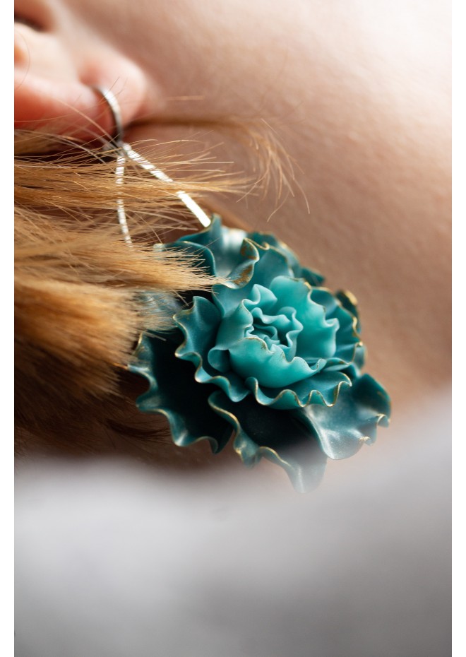 Curly Teal Flower Earrings