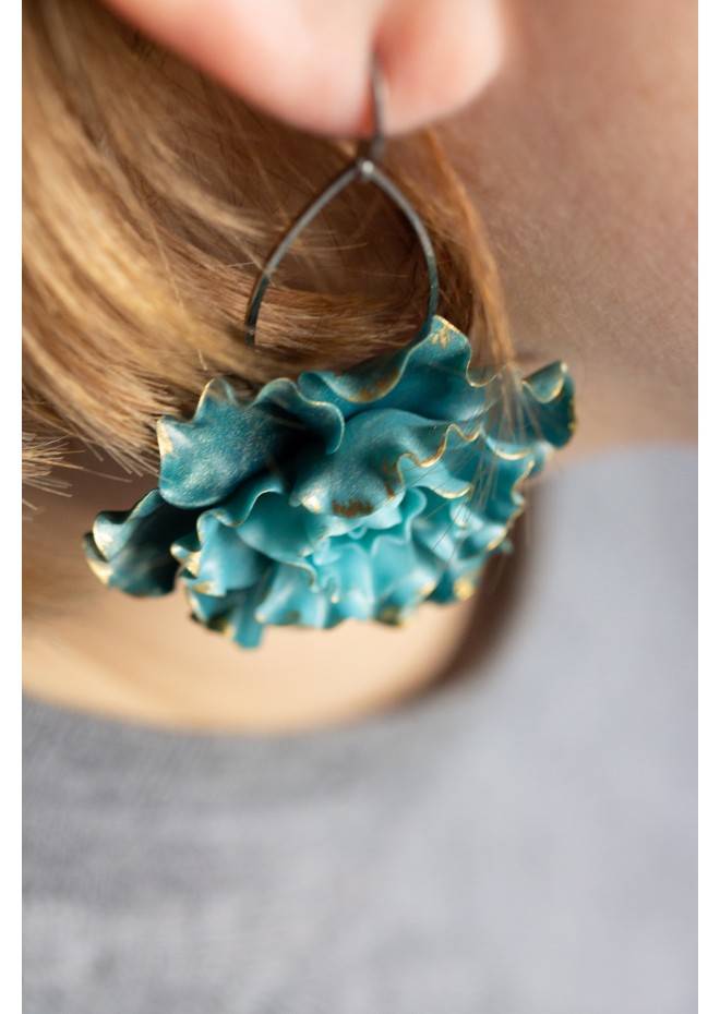Curly Teal Flower Earrings