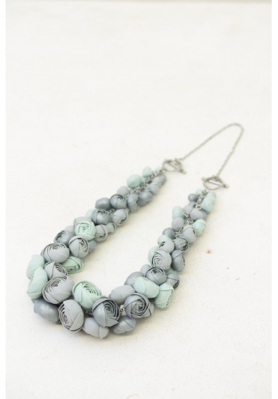 Soft Gray and Mint Statement Necklace – Handmade Floral Jewelry Inspired by Morning Mist