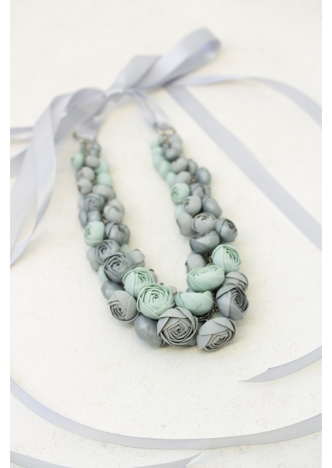 Gray and Mint Handmade Floral Necklace