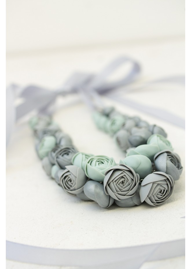 Gray and Mint Handmade Floral Necklace