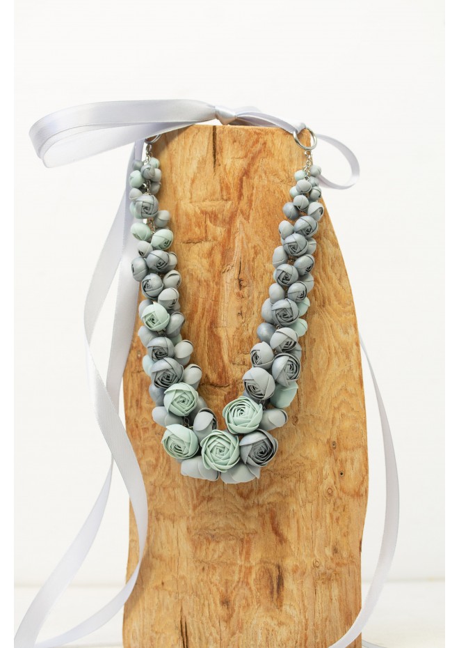 Gray and Mint Handmade Floral Necklace