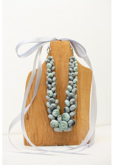Soft Gray and Mint Statement Necklace – Handmade Floral Jewelry Inspired by Morning Mist