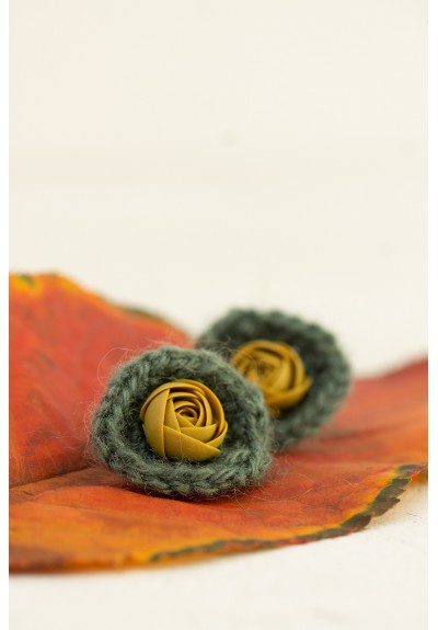 Green Crochet Earrings with Mustard Flower – Cozy Handmade Yarn Earrings – Soft Lightweight Fall Jewelry