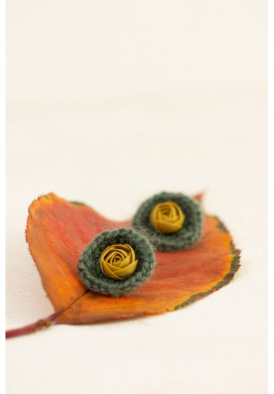 Green Crochet Earrings with Mustard Flower – Cozy Handmade Yarn Earrings – Soft Lightweight Fall Jewelry