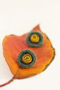Green Crochet Earrings with Mustard Flower – Cozy Handmade Yarn Earrings – Soft Lightweight Fall Jewelry