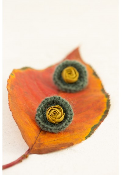 Green Crochet Earrings with Mustard Flower – Cozy Handmade Yarn Earrings – Soft Lightweight Fall Jewelry