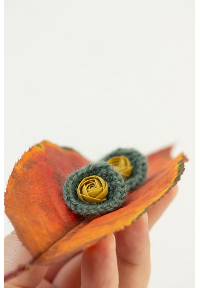 Green Crochet Earrings with Mustard Flower – Cozy Handmade Yarn Earrings – Soft Lightweight Fall Jewelry