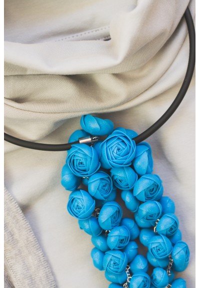 Blue Sculptural Asymmetric Necklace • Long Layered Floral Design • One of a Kind