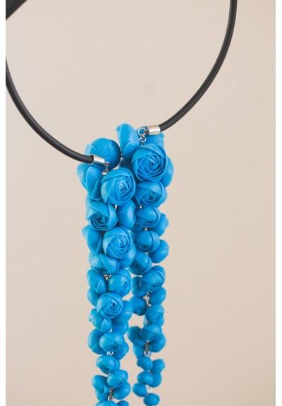 Blue Sculptural Asymmetric Necklace • Long Layered Floral Design • One of a Kind