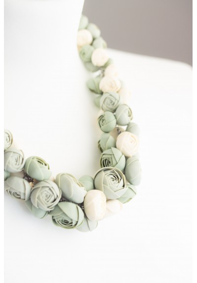 Sage & Ivory Floral Necklace – Hand-Rolled Blooms, Soft Pastel Palette, One-of-a-Kind