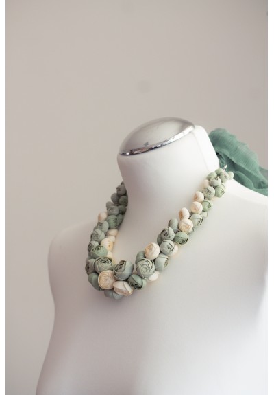 Sage & Ivory Floral Necklace – Hand-Rolled Blooms, Soft Pastel Palette, One-of-a-Kind