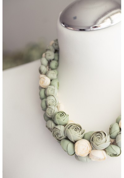 Sage & Ivory Floral Necklace – Hand-Rolled Blooms, Soft Pastel Palette, One-of-a-Kind