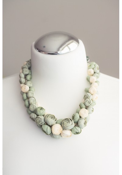 Sage & Ivory Floral Necklace – Hand-Rolled Blooms, Soft Pastel Palette, One-of-a-Kind