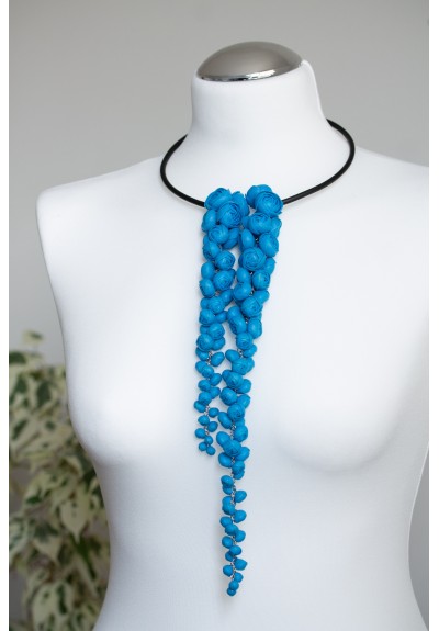 Blue Sculptural Asymmetric Necklace • Long Layered Floral Design • One of a Kind