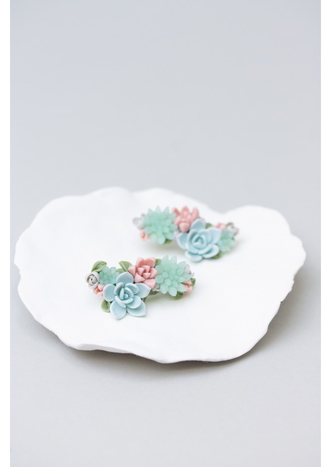 Blue, Pink, and Green Succulent Echeveria Cuff Earrings