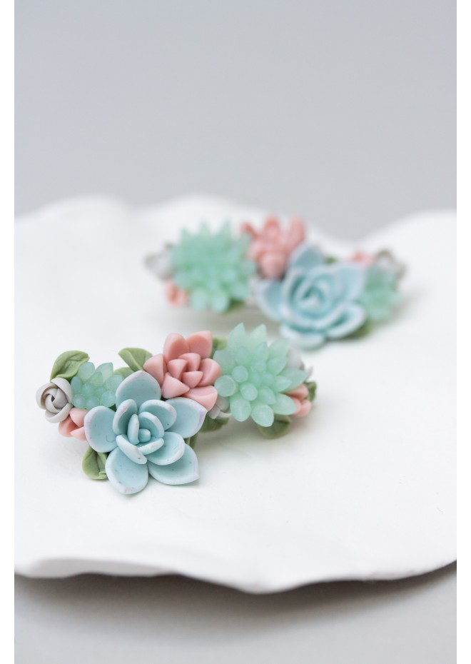 Blue, Pink, and Green Succulent Echeveria Cuff Earrings