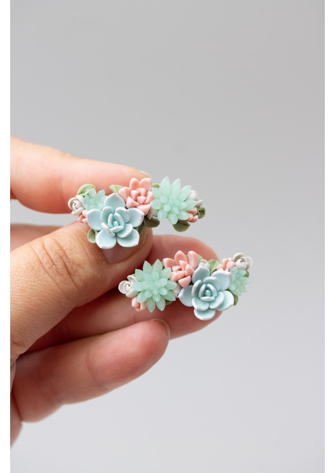 Blue, Pink, and Green Succulent Echeveria Cuff Earrings