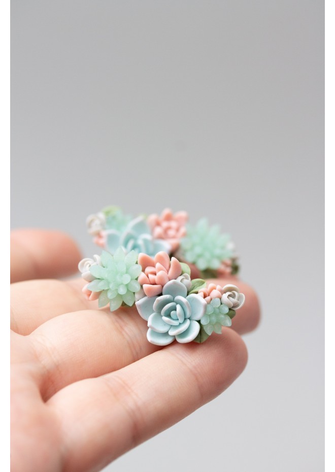 Blue, Pink, and Green Succulent Echeveria Cuff Earrings