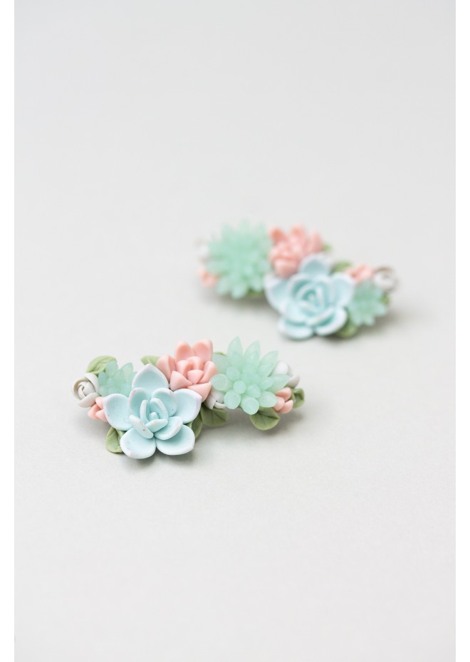 Blue, Pink, and Green Succulent Echeveria Cuff Earrings