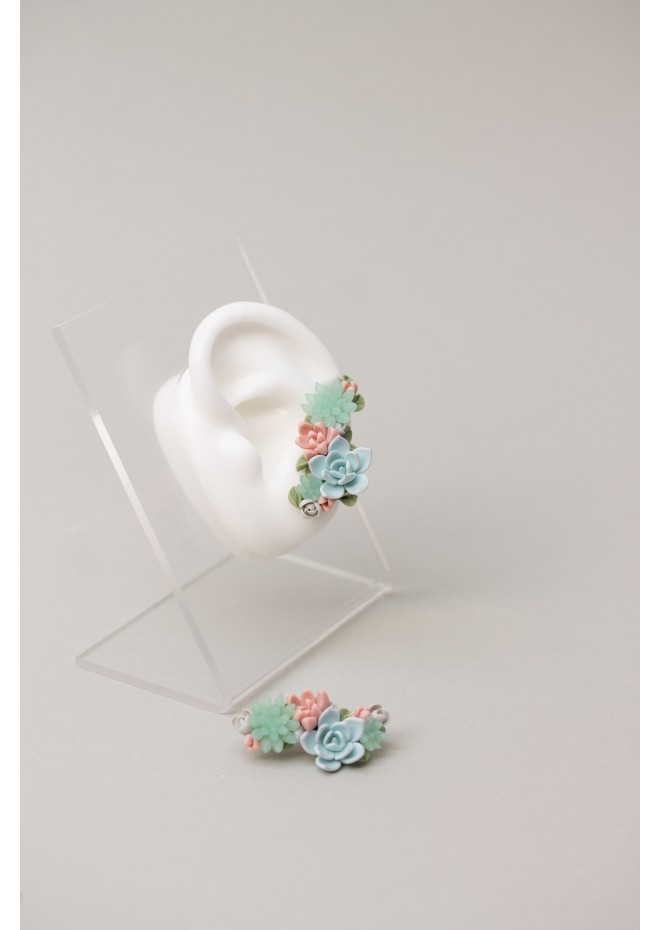 Blue, Pink, and Green Succulent Echeveria Cuff Earrings