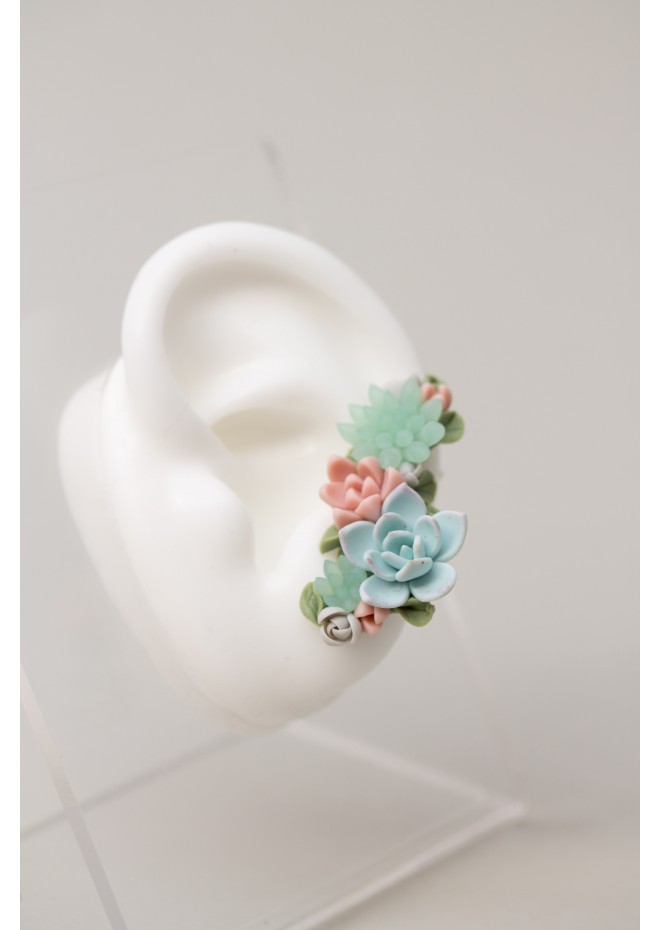 Blue, Pink, and Green Succulent Echeveria Cuff Earrings