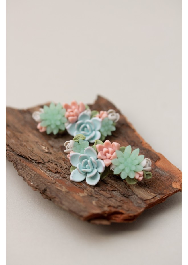 Blue, Pink, and Green Succulent Echeveria Cuff Earrings