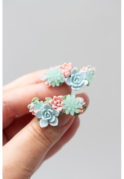 Blue, Pink, and Green Succulent Echeveria Cuff Earrings