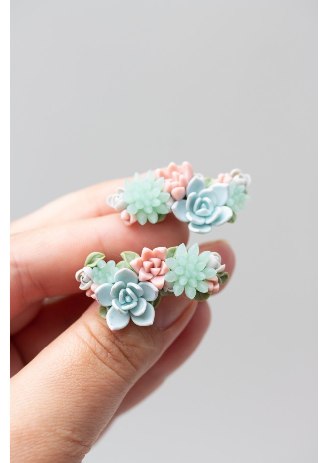 Blue, Pink, and Green Succulent Echeveria Cuff Earrings