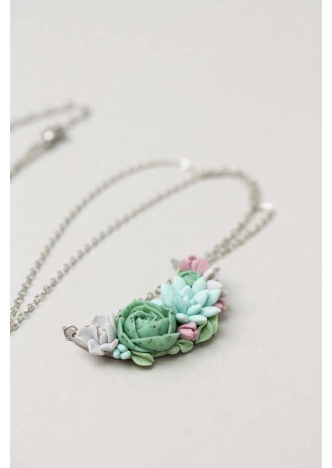 Green, Blue, Pink, and Gray Succulent Necklace