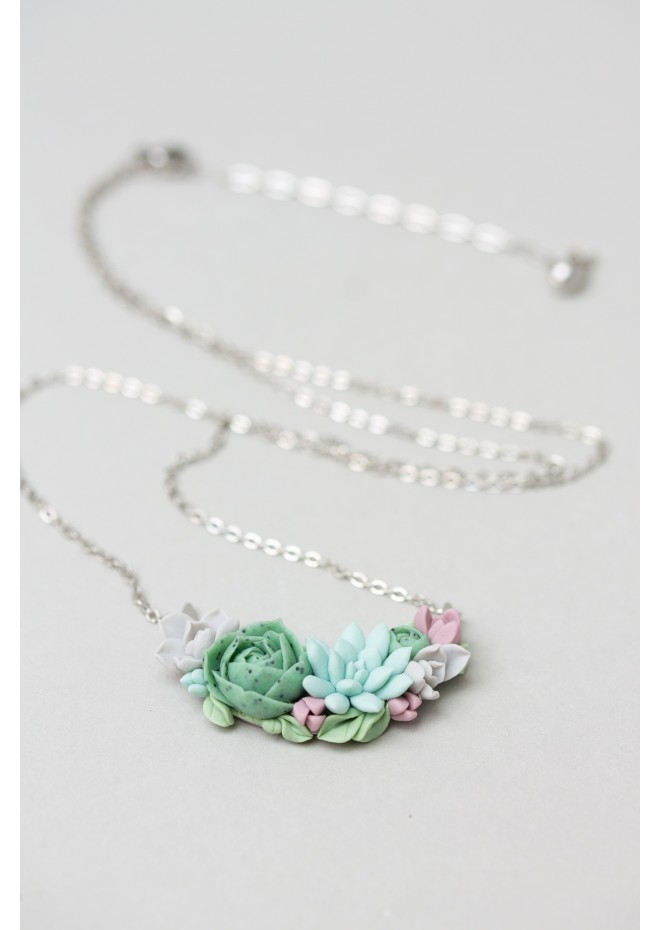 Green, Blue, Pink, and Gray Succulent Necklace