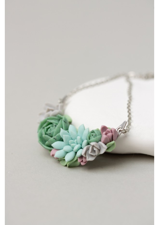 Green, Blue, Pink, and Gray Succulent Necklace