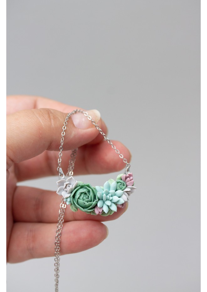 Green, Blue, Pink, and Gray Succulent Necklace