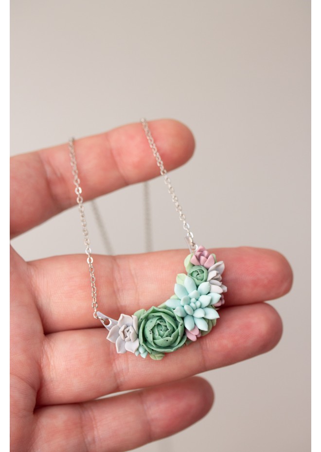 Green, Blue, Pink, and Gray Succulent Necklace