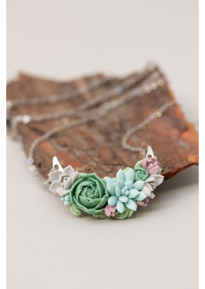 Green, Blue, Pink, and Gray Succulent Necklace