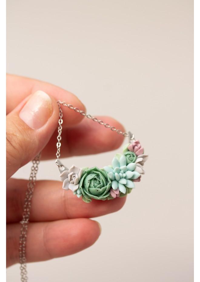 Green, Blue, Pink, and Gray Succulent Necklace