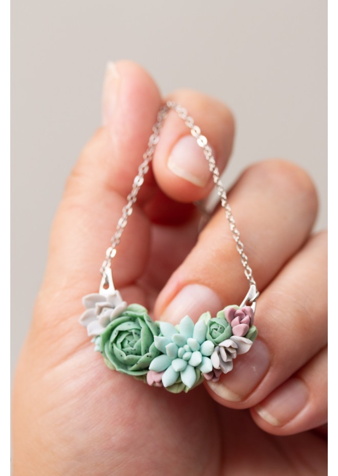 Green, Blue, Pink, and Gray Succulent Necklace