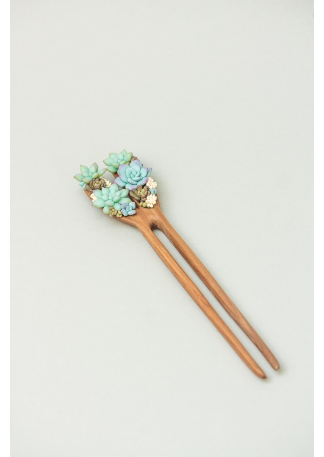 Unique Wooden Hairpin With Handcrafted Succulents