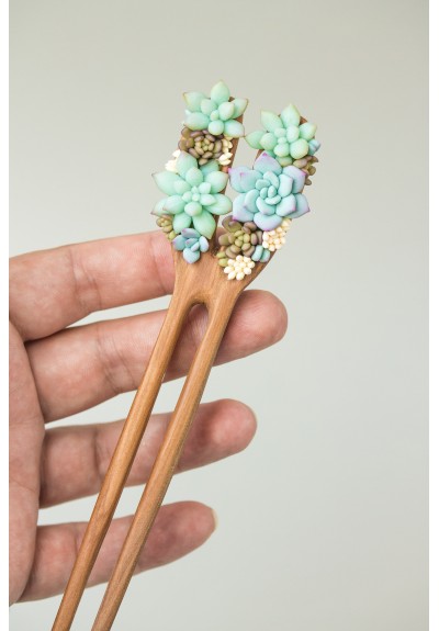 Unique Wooden Hairpin With Handcrafted Succulents