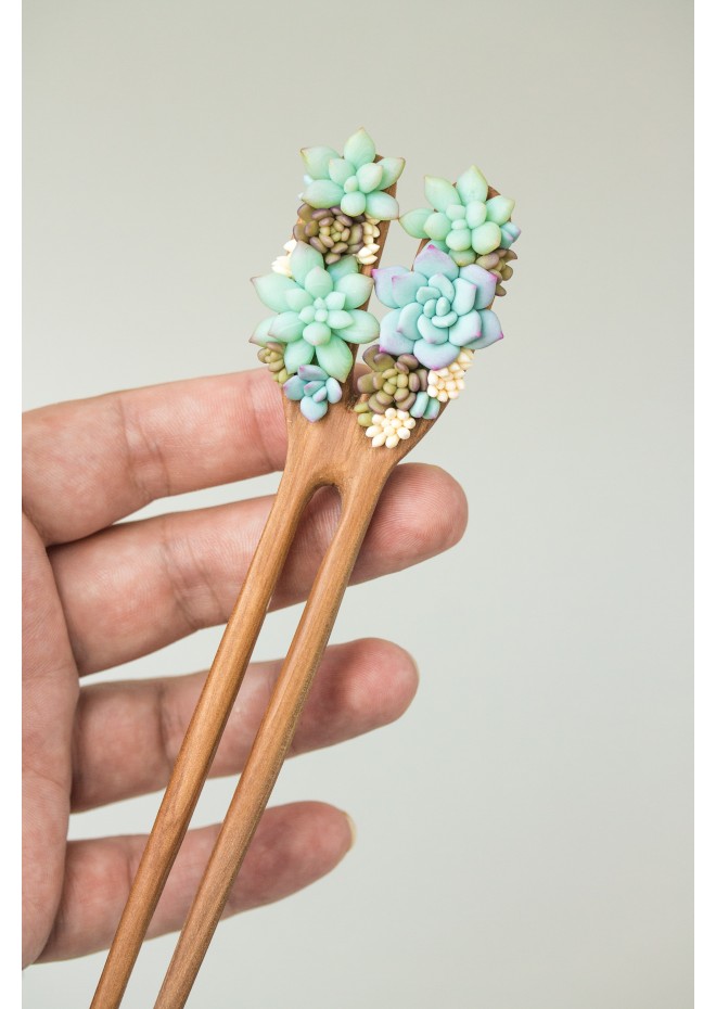 Unique Wooden Hairpin With Handcrafted Succulents