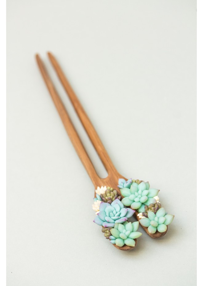 Unique Wooden Hairpin With Handcrafted Succulents