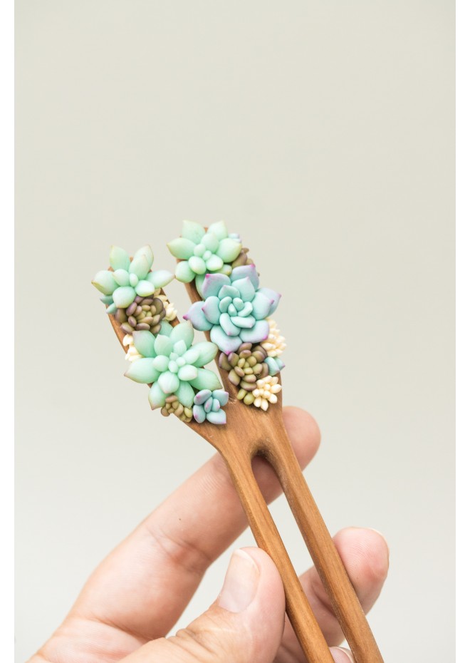 Unique Wooden Hairpin With Handcrafted Succulents