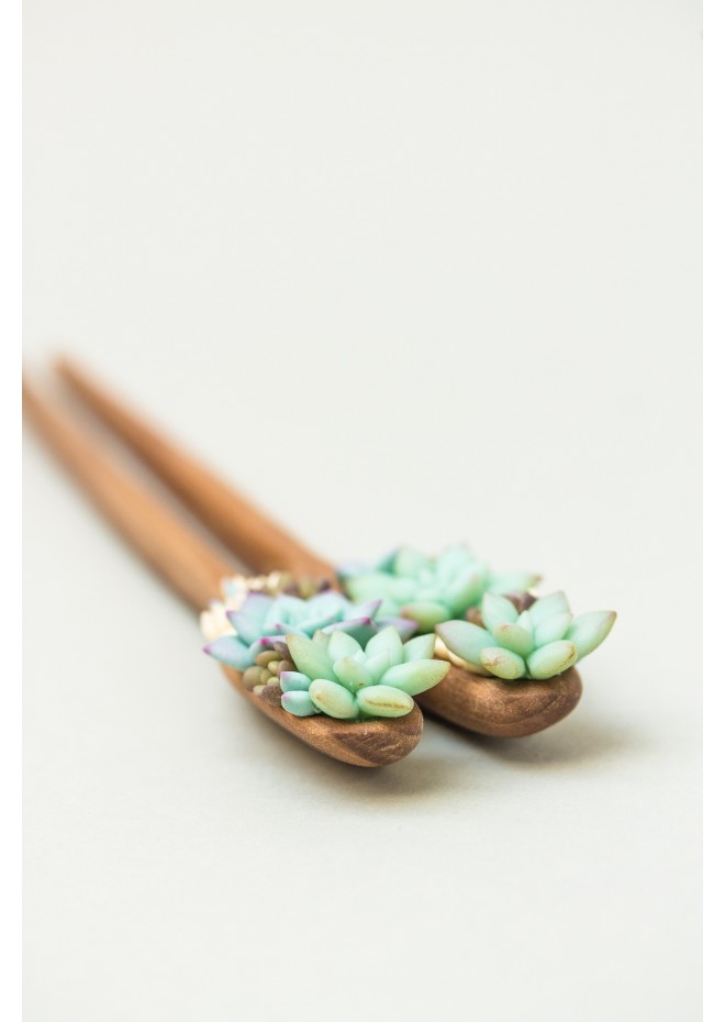 Unique Wooden Hairpin With Handcrafted Succulents