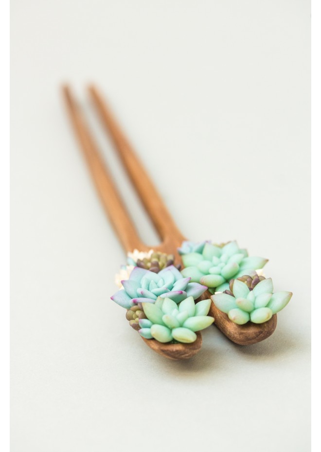 Unique Wooden Hairpin With Handcrafted Succulents